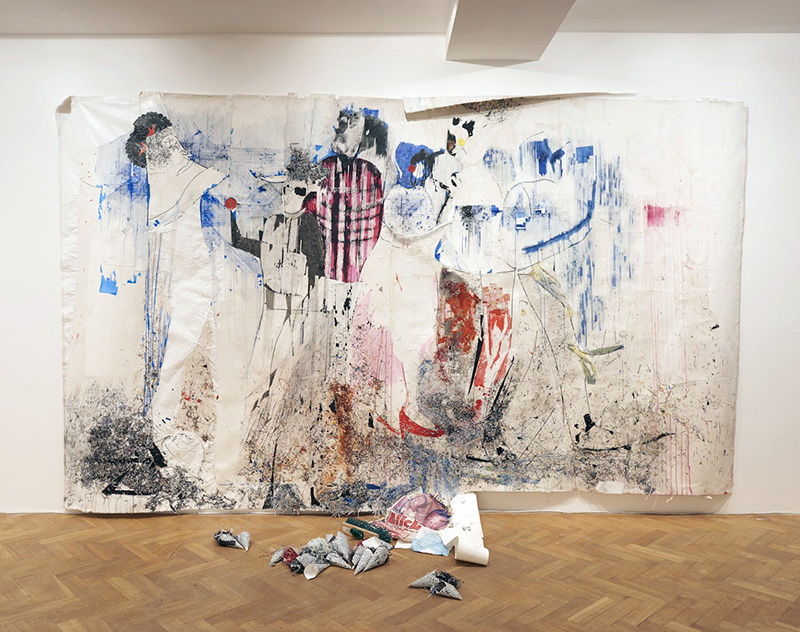 Gareth Nyandoro, Uguruguda stambo hypnotic lollipop eaters, 2015, Mixed media on paper mounted on canvas, 260 x 410 x 110 cm, Palais de Tokyo Archive