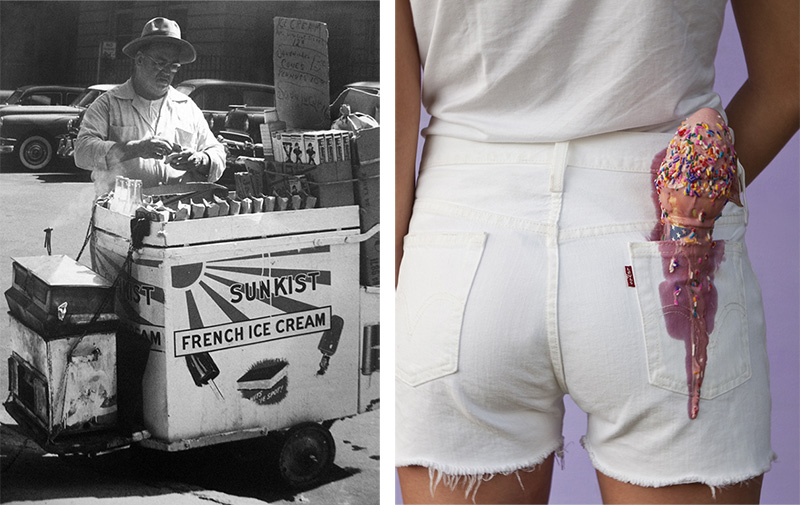 Left: John Albok, Untitled (Ice Cream Vendor), 1958, © John Albok, Courtesy Robert Mann Gallery. Right: Olivia Locher, I Fought the Law - Alabama (In Alabama it is illegal to have an ice cream cone in your back pocket at all times), 2013, © Olivia Locher, Courtesy Robert Mann Gallery