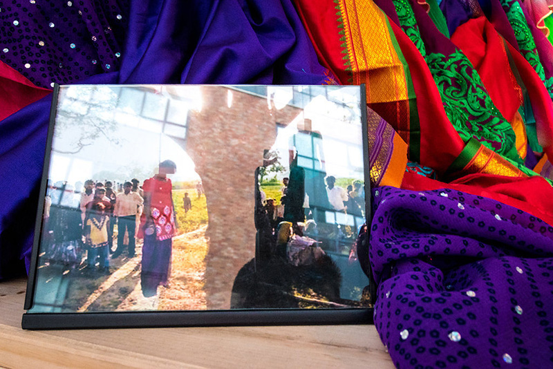 Patricia Cronin, Shrine for Girls (Uttar Pradesh), detail, 2015, Saris, framed photograph, and wood crate, The LAB Gallery Archive