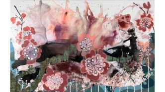 Elisabeth Condon, The Smallest Bloom a Source of Joy, 2017, Acrylic, ink on linen, 30 x 47 inches, Lesley Heller Workspace Archive
