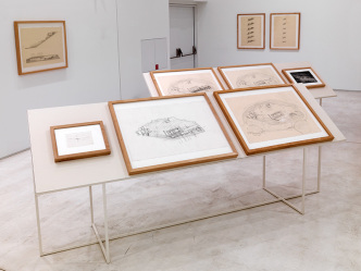Christos Papoulias, Drawings-studies and works from the project The Erichthonean Museum of the Acropolis, 1990–91, Collection Centre Pompidou/Paris-Musée national d'art moderne/Centre de création industrielle, Installation view, National Museum of Contemporary Art (EMST)/Athens, documenta 14Christos Papoulias, Drawings-studies and works from the project The Erichthonean Museum of the Acropolis, 1990–91, Collection Centre Pompidou/Paris-Musée national d'art moderne/Centre de création industrielle, Installation view, National Museum of Contemporary Art (EMST)/Athens, documenta 14, Photo: Stathis Mamalakis
