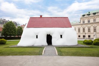 Erwin Wurm, Fat House, 2003, Iron, wood, polystyrene, aluminium, electrical installation, video on DVD, video projection (8:40, looped), speaker 540 x 1000 x 700 cm, Photo: Johannes Stoll, © Belvedere, Vienna / © Bildrecht, Vienna, 2017