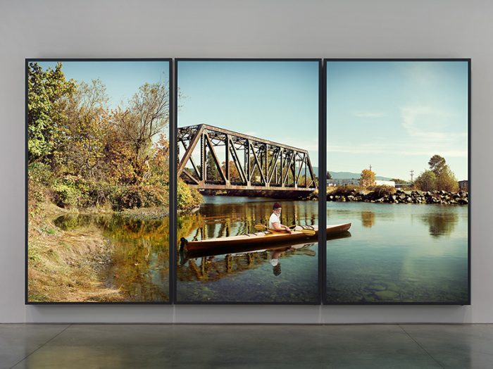 Rodney Graham, Paddler, Mouth of the Seymour, 2012-13, Three aluminum lightboxes with transmounted chromogenic transparencies, Collection of the Vancouver Art Gallery