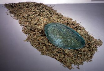 Giuseppe Penone, Unghia e foglie di alloro, 1989, Laurel leaves, glass, Installation dimensions variable, Glass object: approx. 135 x 101 x 18 cm / 53 1/8 x 39 3/4 x 7 1/8 in, © 2017 Artists Rights Society (ARS)-New York / ADAGP-Paris, Courtesy Kunstmuseum Basel and Sammlung Goetz-München, Photo: Jon and Anne Abbott-New York