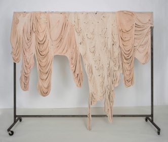 Liz Collins, Fat Curtain, 2017, Cotton, linen, steel frame, dimensions unknown, Courtesy the artist, New Museum Archive