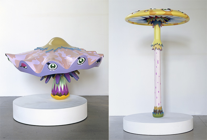 Left: Takashi Murakami, Scarlet Heart, 2002, Oil paint, acrylic, synthetic resins, fiberglass and iron 125 x 125 x 130 cm, © 2002 Takashi Murakami/Kaikai Kiki Co. Ltd, All Rights Reserved, Private Collection, Courtesy Galerie Perrotin, Garage Museum of Contemporary Art Archive Right: Takashi Murakami, Troll’s Umbrella , 2002, Oil paint, acrylic, synthetic resins, fiberglass and iron 235 x 140 x 140 cm, © 2002 Takashi Murakami/Kaikai Kiki Co. Ltd. All Rights Reserved, Private Collection, Courtesy Galerie Perrotin