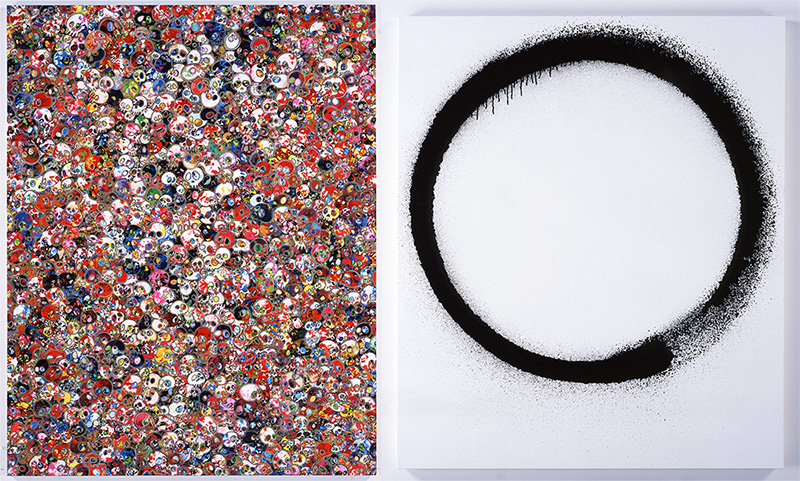 Left: Takashi Murakami, Memories of a Passionate Life , 2015, Acrylic on canvas mounted on aluminum frame 300x234,4 cm, © 2015 Takashi Murakami//Kaikai Kiki Co. Ltd, All Rights Reserved, Private Collection, Courtesy Galerie Perrotin, Garage Museum of Contemporary Art Archive Right: Takashi Murakami, Ensō: Zen, White and Black , 2015, Acrylic on canvas mounted on aluminum frame 141x120 x 5 cm, © 2015 Takashi Murakami//Kaikai Kiki Co. Ltd, All Rights Reserved, Private Collection, Courtesy Galerie Perrotin