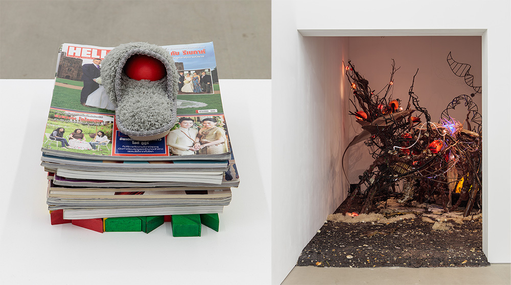 Left & Right: Korakrit Arunanondchai, with history in a room filled with people with funny names 4, 2017, Courtesy the artist and C L E A R I N G-New York/Brussels, Photo: Stan Narten