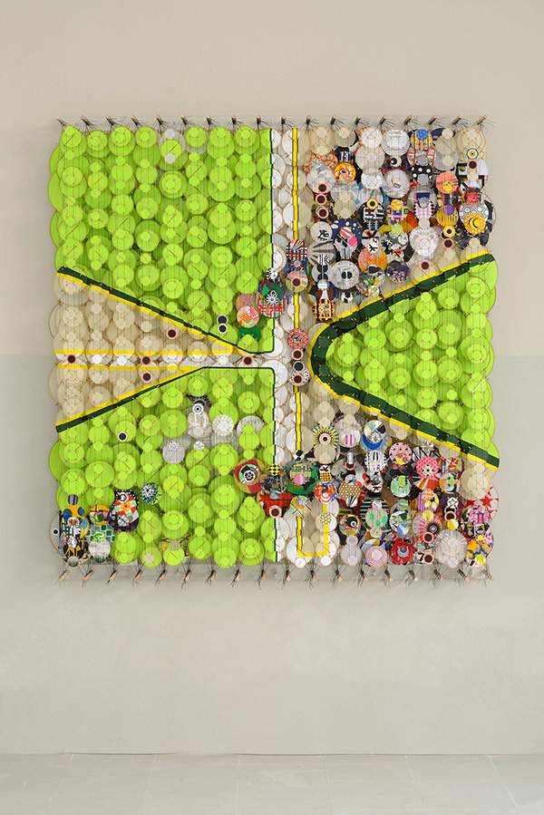 Jacob Hashimoto, Our Fates Were Not Sealed, Merely Eclipsed, 2016, Paintings, bamboo, paper, nylon, acrylic and pigments, 167.5 x 152 x 20 cm