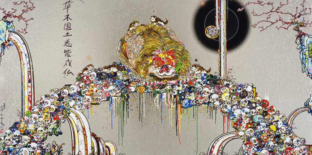 Takashi Murakami, Lion Peering into Death's Abyss, 2015, Acrylic, gold leaf and platinum leaf and gold on canvas mounted on aluminum frame, 150 × 300 cm, © 2015 Takashi Murakami//Kaikai Kiki Co, Ltd, All Rights Reserved, Courtesy Galerie Perrotin, Garage Museum of Contemporary Art Archive