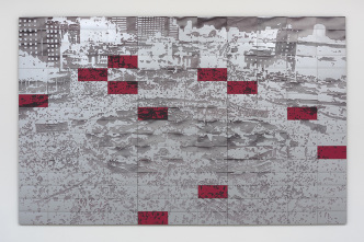 Mary Kelly, Circa 2011, From Circa Trilogy, 2004-16, 2016, Compressed lint and projected light noise, 205.1 by 322 by 3.8 cm, Courtesy Mitchell-Innes & Nash Gallery