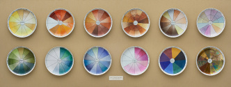 Judy Chicago, China-painting Color Test Plates from The Dinner Party, 1974, Porcelain and China paint, twelve plates, 88.3 x 213.4 x 20.3 cm, Brooklyn Museum, Gift of the artist, 2014.71, © 2017 Judy Chicago / Artists Rights Society (ARS)-New York. Photo: Jonathan Dorado, Brooklyn Museum