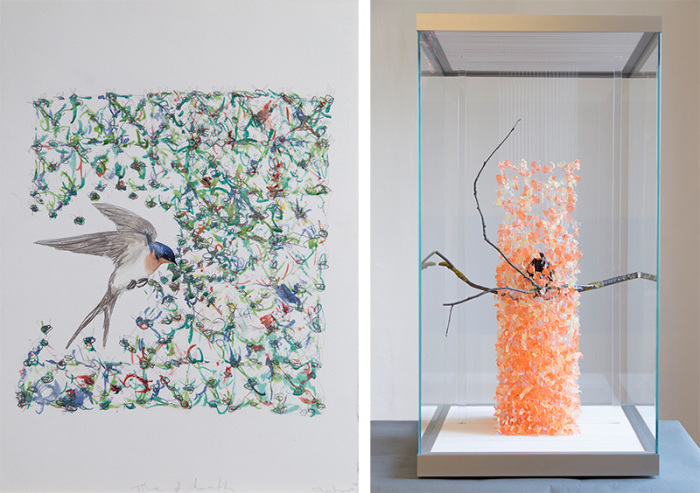 Left: Claire Morgan, Time of Death (study), 2017, Pencil and watercolor on paper, 38,1 x 28 cm, Photo: Claire Morgan Studio, © Claire Morgan Studio, Courtesy Galerie Karsten Greve Köln/Paris/St. Moritz. Right: Claire Morgan, To an End, 2017, Blackbird, (taxidermy), wood, polythene, nylon in vitrine, 108,5 x 56,7 x 56,7 cm, © Claire Morgan Studio, Photo: Claire Morgan Studio, Courtesy Galerie Karsten Greve Köln/Paris/St. Moritz