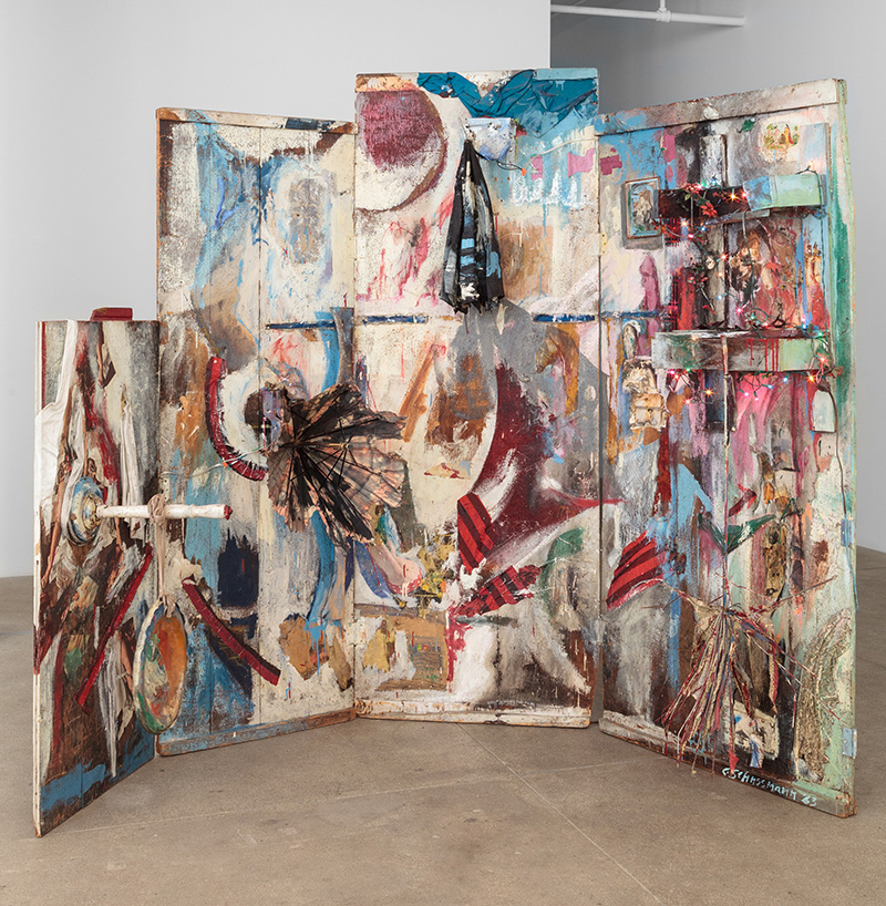 Carolee Schneemann, Four Fur Cutting Boards, Oil paint, umbrellas, motors, light bulbs, string lights, photographs, fabric, lace, hubcaps, printed papers, mirror, nylon stockings, nails, hinges, and staples on wood, 229.9 x 332.7 x 132.1 cm, The Jill and Peter Kraus Endowed Fund for Contemporary Acquisitions; The Riklis Collection of McCrory Corporation (by exchange); The Lillie P. Bliss Bequest (by exchange), © 2017 Carolee Schneemann. Courtesy the artist, P.P.O.W and Galerie Lelong-New York