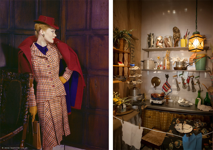 Left: Lee Miller, CHECKMATE -Checks cleverly placed-London, England, 1943, © Lee Miller Archives, England 2017, Kulturhuset Stadsteatern Archive. Right: Scenography produced by Kulturhuset Stadsteatern over a typical kitchen for the exhibition: Lee Miller-War and Fashion, Photo: Matilda Rahm, Kulturhuset Stadsteatern Archive