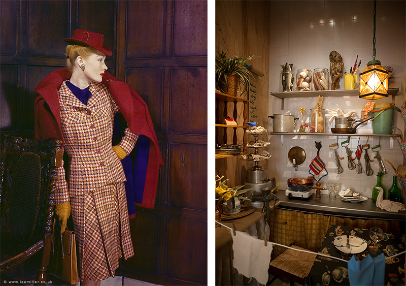 Left: Lee Miller, CHECKMATE -Checks cleverly placed-London, England, 1943, © Lee Miller Archives, England 2017, Kulturhuset Stadsteatern Archive. Right: Scenography produced by Kulturhuset Stadsteatern over a typical kitchen for the exhibition: Lee Miller-War and Fashion, Photo: Matilda Rahm, Kulturhuset Stadsteatern Archive
