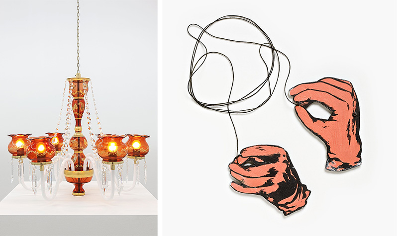 Left: Sirous Namazi, Chandelier, 2014, Galerie Nordenhake-Berlin/Stockholm, © Sirous Namazi, Photo: Carl Henrik Tillbergm Bildupphovsrätt, Moderna Museet Archive. Right: Öyvind Fahlström, Dr. Schweitzer's Last Mission, 1964-66, © Sharon Avery-Fahlström, Photo: Peter Grimner/Moderna Museet, Moderna Museet Archive