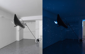 Gilberto Zorio, Canoa aggettante (Jutting Canoe), 2016 , Canoe, Pyrex cruet, steel, compressor, hiss, air breath, alcohol, phosphorus, timer, 323 x 355 x 552 cm, Courtesy Galleria de'Foscherari-Bologna, Photo: Paolo Panzera