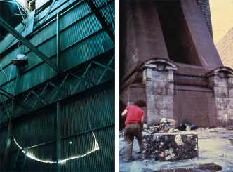 Left: Gordon Matta-Clark making Day’s End (Pier 52), 1975, Courtesy 2017 Estate of Gordon Matta-Clark / Artists Rights Society (ARS)-New York and David Zwirner-New York. Right: Gordon Matta-Clark creating Garbage Wall for Fire Boy at the Brooklyn Bridge 1971, Colour transparency, Courtesy: Estate of Gordon Matta-Clark © ARS-New Yorkand DACS-London, 2007