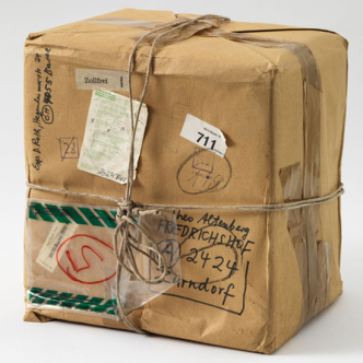 Dieter Roth, Gesammelte Werke, Postpaket, 1987, Set of books 'Collected Works' in packaging paper, 27.5 x 35 x 39 cm, © Dieter Roth Estate, Courtesy the Estate and Hauser & Wirth
