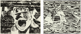 Left: Christian Marclay, Scream (Curls), 2017, Woodcut, 81 x 98 cm, 88.9 x 106 x 4.5 cm)(framed, Photo: White Cube (Ben Westoby). Right: Scream (Big Mouth), 2017, Woodcut, 121 x 134.5 cm, 129.4 x 143.6 x 5.3 cm (framed), Photo: White Cube (Ben Westoby)