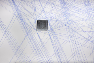 Sol LeWitt, Wall Drawing #51: All architectural points connected by straight lines, 1970, Blue snap lines, First drawn by: Pietro Giacchi, Andrea Giamasso, Giulio Mosca, First installation: Galleria Sperone-Torino, June 1970, LeWitt Collection-Chester, CT, Courtesy Estate of Sol LeWitt, Installation view Sol LeWitt, Between the Lines, 2017, Fondazione Carriero, Photo: Agostino Osio, Courtesy: Fondazione Carriero