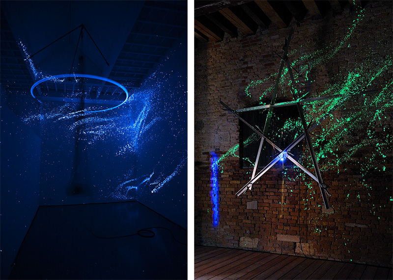 Left: Gilberto Zorio, Marrano con treccia (Marrano with braid), 2016, Copper braid, marrano, steel, compressor, hiss, phosphor, timer, Rotation diameter 522 x 300 cm, Courtesy Galleria de'Foscherari-Bologna, Photo: Paolo Panzera. Right: Gilberto Zorio, Stella Sparks (Sparks Star), 2008, Aluminum, 10 strobe lights, 10 Tesla transformers, 10 sparks, phosphorus, timer, 500 x 480 x 190 cm, Collection of the artist, Installation view Milton Keynes Gallery, 2008, Photo: Andy Keate