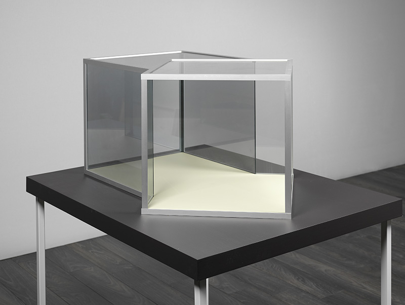 Dan Graham, Two cubes/One rotated 45°, 1985-1986, Glass and Aluminium, 47.5 x 89 x 65.9 cm, © Dan Graham, Photo: Ken Adlard, Courtesy Lisson Gallery