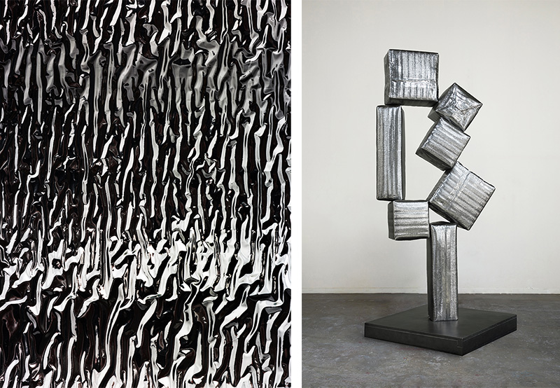Left: Gimhongsok, Structuring Shadows (polyurethane foam closed cell), 2017, Pigment print on resin coated paper, 200 x 150 cm, Courtesy the Artist and Perrotin. Right: Gimhongsok, A Study on Slanted & Hyperbolic Constitution – Cubi XII of David Smith, 2017, Cast bronze, 227 x 93 x 88 cm, Courtesy the Artist and Perrotin