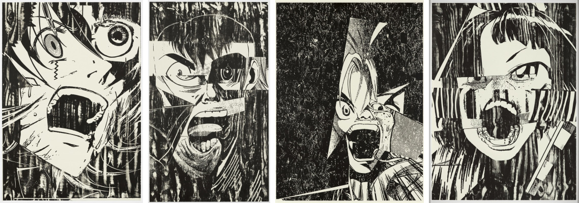 Left to Right: Christian Marclay, Scream (Shaking), 2017, Woodcut, 166.5 x 121.5 cm, 176.6 x 131.3 x 6.3 cm (framed), Photo: White Cube (Ben Westoby). Christian Marclay, Scream (Tongue), 2017, Woodcut, 205.5 x 121.5 cm, 215.1 x 131.1 x 6.3 cm (framed), Photo: White Cube (George Darrell). Christian Marclay, Scream (Splinters), 2017, Woodcut, 163.5 x 119 cm, 173.7 x 130.6 x 6.3 cm (framed), Photo: White Cube (Ben Westoby). Christian Marclay, Scream (Shaking), 2017, Woodcut, 166.5 x 121.5 cm, 176.6 x 131.3 x 6.3 cm (framed), Photo: White Cube (Ben Westoby)