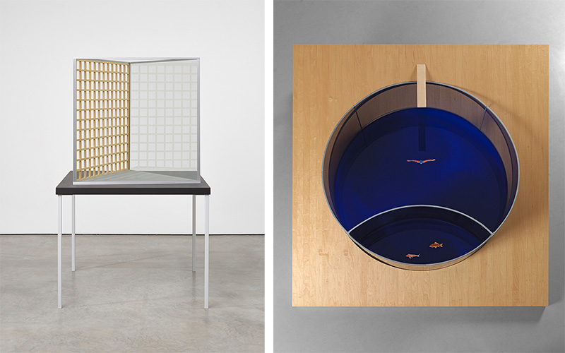 Left: Dan Graham, Model for Triangular Pavilion with Shoji Screen, 1990, Aluminium, glass and maple wood, 87 x 87.5 x 76 cm, © Dan Graham, Photo: Jack Hems, Courtesy Lisson Gallery. Right: Dan Graham, Swimming Pool/Fish Pond model, 1997, Two-way mirror glass, aluminium, acrylic sheet, decals, 31.8 x 106.7x106.7 cm, © Dan Graham, Photo: Ken Adlard in collaboration with Patrick Painter, Courtesy Lisson Gallery