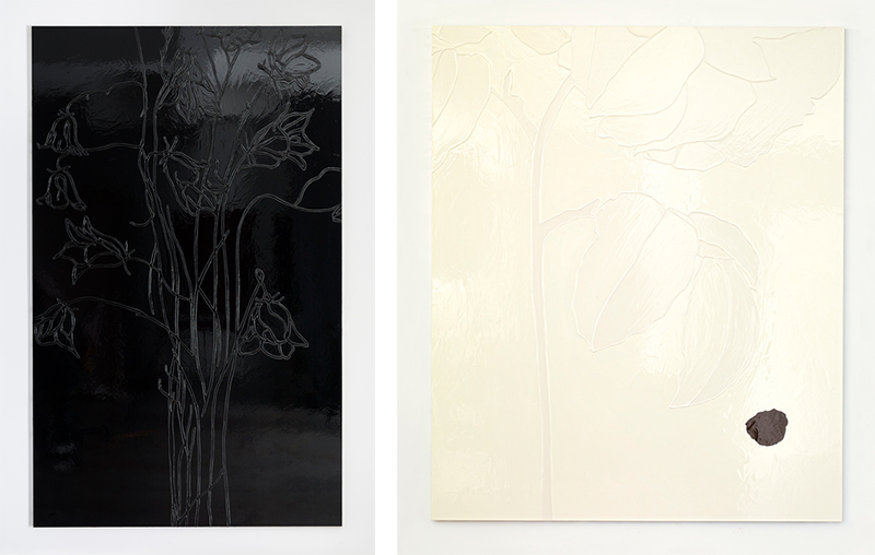 Left: Gary Hume, No Light, 2016, Enamel paint on aluminum, 208 x 128 cm, Matthew Marks Gallery Archive. Right: Gary Hume, Blind, 2016, Enamel paint on aluminum, 112 x 102 cm, Matthew Marks Gallery Archive