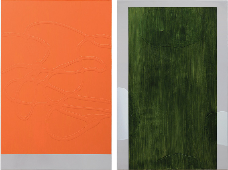 Left: Carlito Carvalhosa, Untitled (P60), 2017, Oil on aluminium, 48 x 31.5 in, Galeria Nara Roesler Archive. Right: Carlito Carvalhosa, Untitled (P51), 2017, Oil on aluminium, 48 x 31.5 in, Galeria Nara Roesler Archive