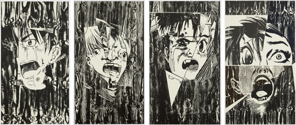 Left to Right: Christian Marclay, Scream (Crying), 2017, Woodcut, 119 x 215.5 cm, 225.6 x 129.1 x 6.3 cm (framed), Photo: White Cube (George Darrell). Christian Marclay, Scream (Echoes), 2017, Woodcut, 215.5 x 122 cm, 225.1 x 131.6 x 6.3 cm (framed), Photo: White Cube (George Darrell). Christian Marclay, Scream (Blade), 2017, Woodcut, 205.5 x 117.5 cm, 215.1 x 127.1 x 6.3 cm (framed), Photo: White Cube (George Darrell). Christian Marclay, Scream (Four Slices), 2017, Woodcut, 215.5 x 121 cm, 225.1 x 130.6 x 6.3 cm (framed), Photo: White Cube (George Darrell)
