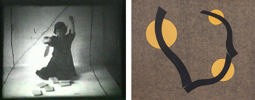 Left: Geta Brătescu, Atelierul (The Studio) (Film still), 1978, 8mm-film transferred onto DVD, 4:3, no sound, black and white, 17.45 min, Camera: Ion Grigorescu, © Geta Brătescu, Courtesy the artist and Hauser & Wirth. Right: Geta Brătescu, Jocul Formelor (Game of Forms), 2012, Collage on paper, Series of 7, Photo: Ștefan Sava, © Geta Brătescu, Courtesy the artist and Hauser & Wirth