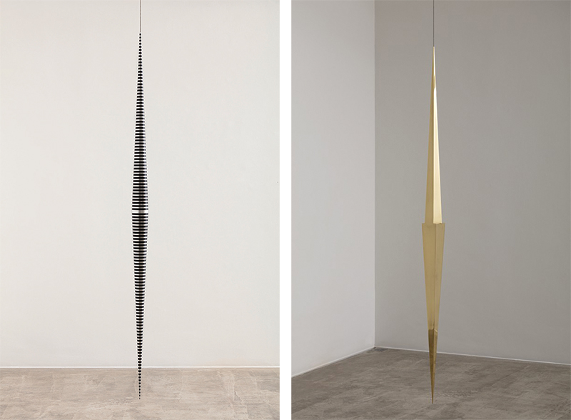 Left: Artur Lescher, Itze, 2017, Brass and steel cable ed 1/1 + 1 PA, 86.6 x 9.8 in, Galeria Nara Roesler Archive. Right: Artur Lescher, Lilla, 2017, Brass, 66.9 x 4.7 in, Galeria Nara Roesler Archive