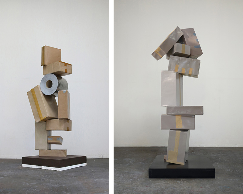Left: Gimhongsok, A Study on Slanted & Hyperbolic Constitution – Small Love, 2017, Cast resin, 238 x 103 x 90 cm, Courtesy the Artist and Perrotin. Right: Gimhongsok, A Study on Slanted & Hyperbolic Constitution – Small Act, 2017, Cast resin, 227 x 94 x 90 cm, Courtesy the Artist and Perrotin