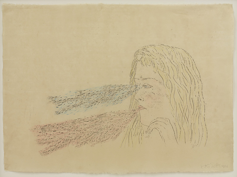 Kiki Smith, Sense, 2016, Crayon and colored pencil on handmade laid paper, 52,7×61,3 cm, Courtesy the artist and Galleria Raffaella Cortese-Milano