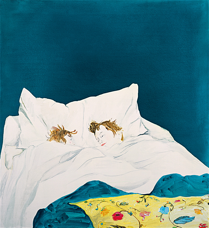 Laura Owens, Untitled, 2000. Acrylic, oil, and graphite on canvas, 182.9 x 168.9 cm, Collezione Giuseppe Iannaccone-Milan, © Laura Owens