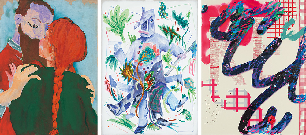Left: Laura Owens, Untitled, 2006, Acrylic and oil on linen, 74.3 x 54 cm, Collection Florence and Philippe Ségalot-New York, © Laura Owens. Center: Laura Owens, Untitled, 2006, Acrylic and oil on linen, 142.2 x 101.6 cm, Charlotte Feng Ford Collection, © Laura Owens. Right: Laura Owens, Untitled, 2012, Acrylic, oil, vinyl paint, resin, pumice, and fabric on canvas, 274.3 x 213.4 cm, Collection of the artist, Courtesy the artist, Gavin Brown’s Enterprise-New York/Rome Sadie Coles HQ-London and Galerie Gisela Capitain-Cologne, © Laura Owens