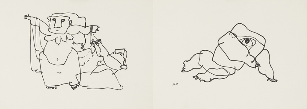 Left & Right: Geta Brătescu, Esop (Aesop) (Detail), 1967, Series of 10 lithographs, grey ink on paper, Photo: Ștefan Sava, © Geta Brătescu, Courtesy the artist and Hauser & Wirth