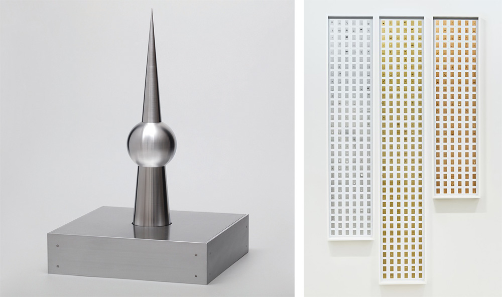 Left: Artur Lescher, Finial 2, 2017, Aluminum, 25.3 x 15.7 x 15.7 in, Galeria Nara Roesler Archive. Right: Marco Maggi, Podium, 2017, Cut and fold on 35mm paper in slide frames, Variable dimensions, Galeria Nara Roesler Archive