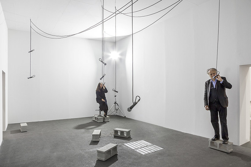 Gilberto Zorio, Microfoni (Microphones), 1968-1969m Microphones, mixer, amplifier, echo box, loudspeakers, concrete blocks with ball bearing, Variable dimensions, Collection of the artist, Courtesy Galleria Lia Rumma-Milano/Napoli, Photo: Sebastiano Pellion