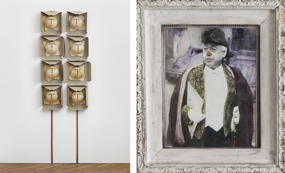 Left: Geta Brătescu, Mume (Mothers), 2004, Paper, cardboard, tempera, wooden sticks, 216 x 72 x 10 cm, Photo: Stefan Altenburger, © Geta Brătescu, Courtesy the artist and Hauser & Wirth. Right: Geta Brătescu, Ionesco – The Clown, 1971, Photograph and collage, 23.8 x 18.7 cm, Photo: Ștefan Sava, © Geta Brătescu, Courtesy the artist and Hauser & Wirth