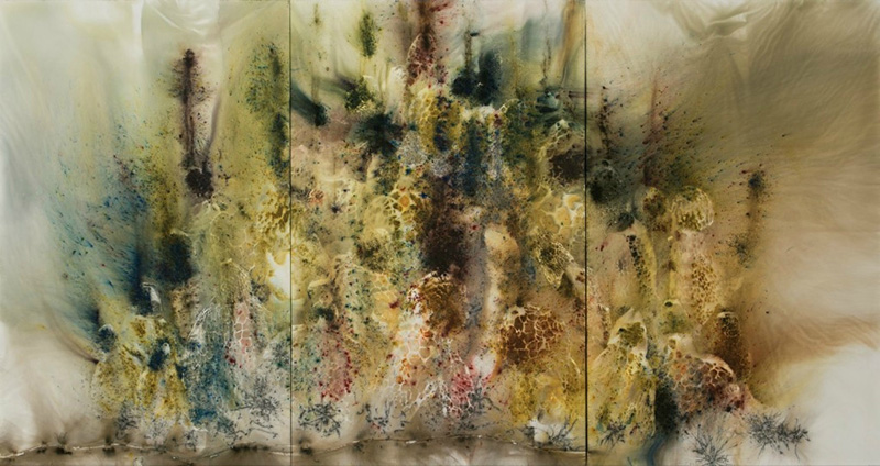 Cai Guo-Qiang, Mountain in Heat, 2016, Gunpowder on canvas, 239 x 450 cm, Photo: Yvonne Zhao, courtesy Cai Studio