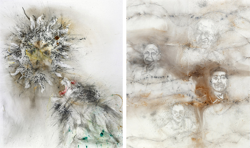 Left: Cai Guo-Qiang, Alchemist, 2017, Gunpowder on canvas, 240 x 200 cm, © Cai Guo-Qiang, Courtesy Museo Nacional del Prado. Right: Cai Guo-Qiang, The Distant Clouds, 2017, Gunpowder on canvas, 360 x 300 cm, © Cai Guo-Qiang, Courtesy Museo Nacional del Prado
