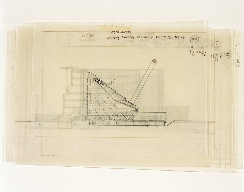 Stefano Graziani, James Stirling, Diagram of interior environment controls for the History Faculty Building, University of Cambridge, between 1963 and 1967, Ink on paper, 25.8 x 33.8 cm, AP140.S2.SS1.D26.P2.2, James Stirling/Michael Wilford fonds Canadian Centre for Architecture, © CCA-Montreal, 2017, Inkjet-print, 40 x 50 cm, Fondazione Prada Archive