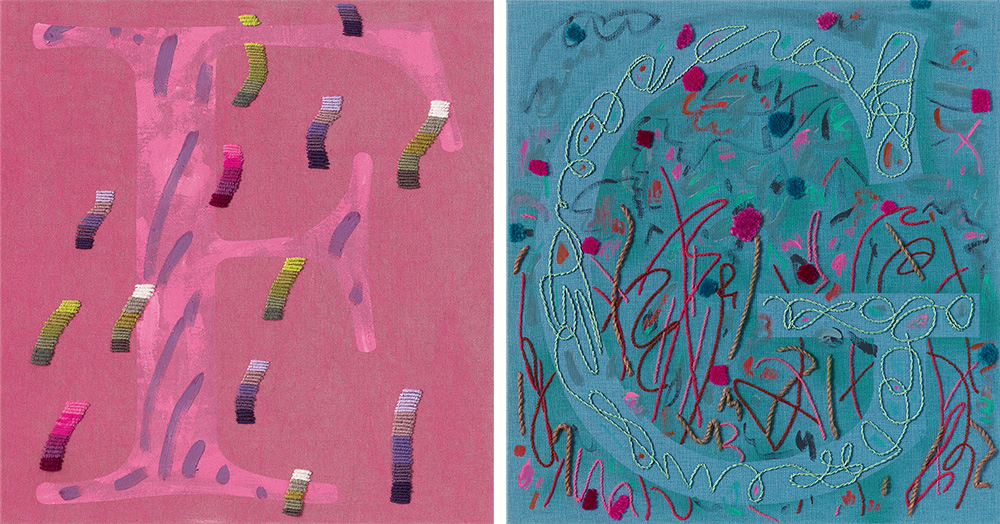 Left & Right: Laura Owens, Untitled (Detail), 2012, Acrylic, oil, vinyl paint, charcoal, yarn, and cord on hand-dyed linen, 33 panels, 90.2 x 84.5 cm each, Collection of Maja Hoffmann/LUMA Foundation, © Laura Owens