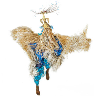 Laura Anderson Barbata, Bird Fish Prince, 2017, Costume consisting seven pieces including crown, mixed fibre coat, pants with sequins, shaggy skirt, decorated t-shirt, two shaggy wing extensions, 271 x 68 x 55 cm, Courtesy the artist