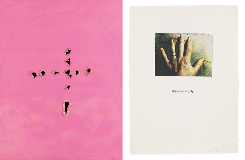 Left: Lucio Fontana, Concetto spaziale (Space Concept), 1962, Courtesy Fondazione Lucio Fontana, © Lucio Fontana by SIAE / VG Bild-Kunst, Bonn 2017, Museum für Moderne Kunst Frankfurt am Main Archive. Right: Luis Camnitzer, He practiced every day (35 Bildtafeln aus der Serie „Uruguayan Torture Series“) , 1983, © Luis Camnitzer / VG Bild-Kunst, Bonn 2017, Museum für Moderne Kunst Frankfurt am Main Archive
